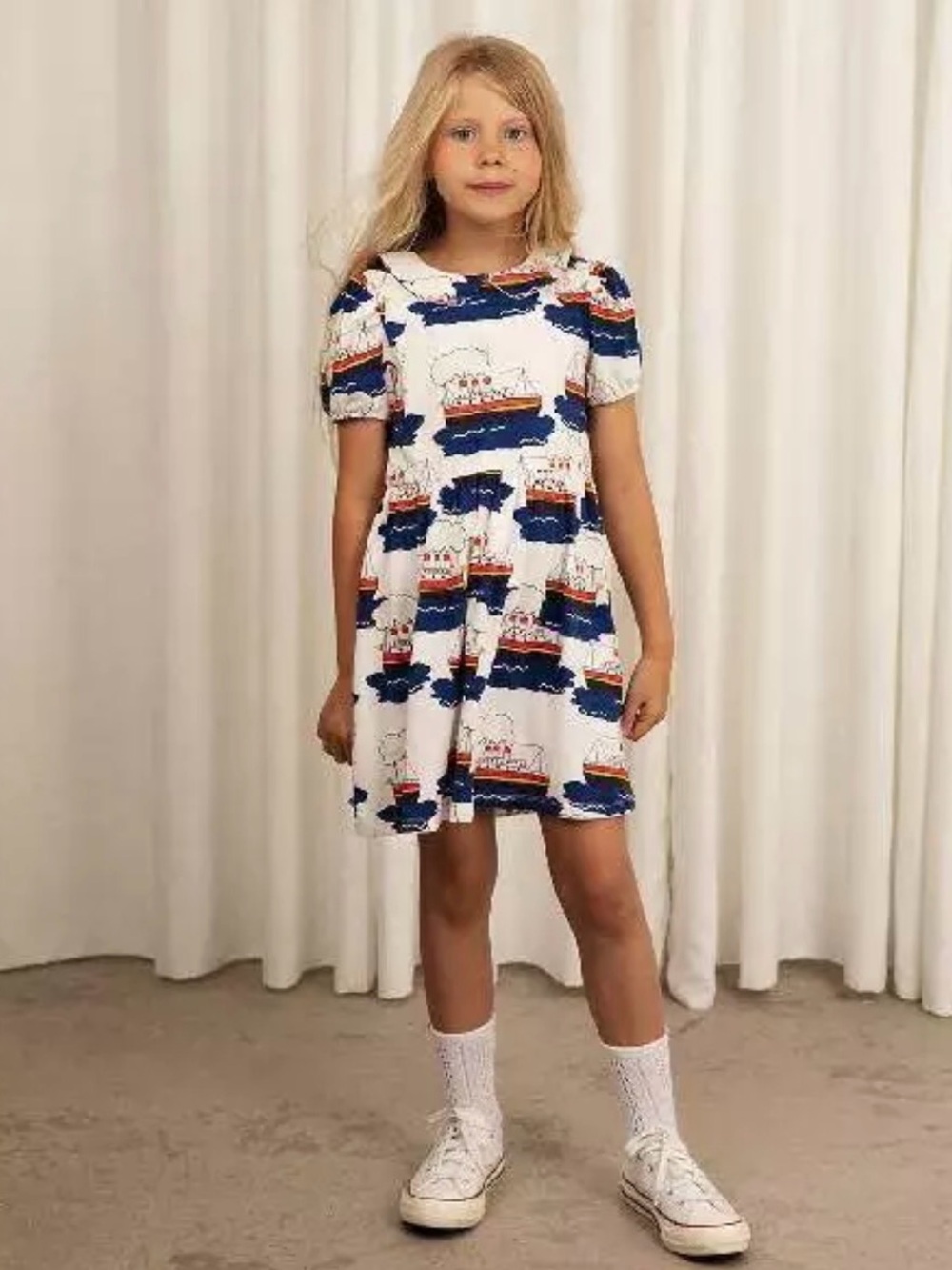 Mini Rodini White Dress with Navy and Red Boat Motif